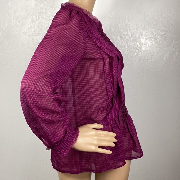 HD In Paris Anthropologie Thistleberry Ruffle Semi-Sheer Blouse in Magenta sz 2 - Picture 5 of 13